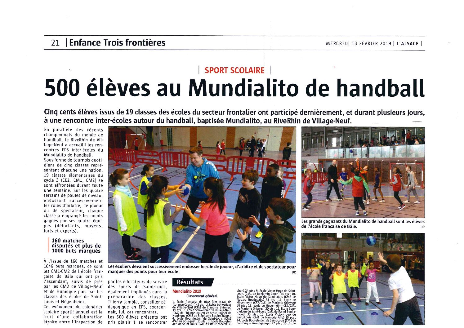Article du journal l’Alsace de février 2019 – Mundialito de Handball